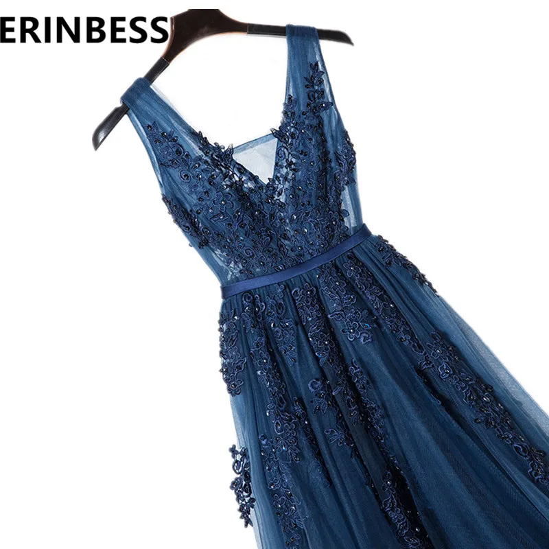 US $38.35 Vestido De Festa V Neck Cap Sleeve Vintage Lace Appliques Beaded Navy Blue Bridesmaid Dresses Women Formal Party Gowns