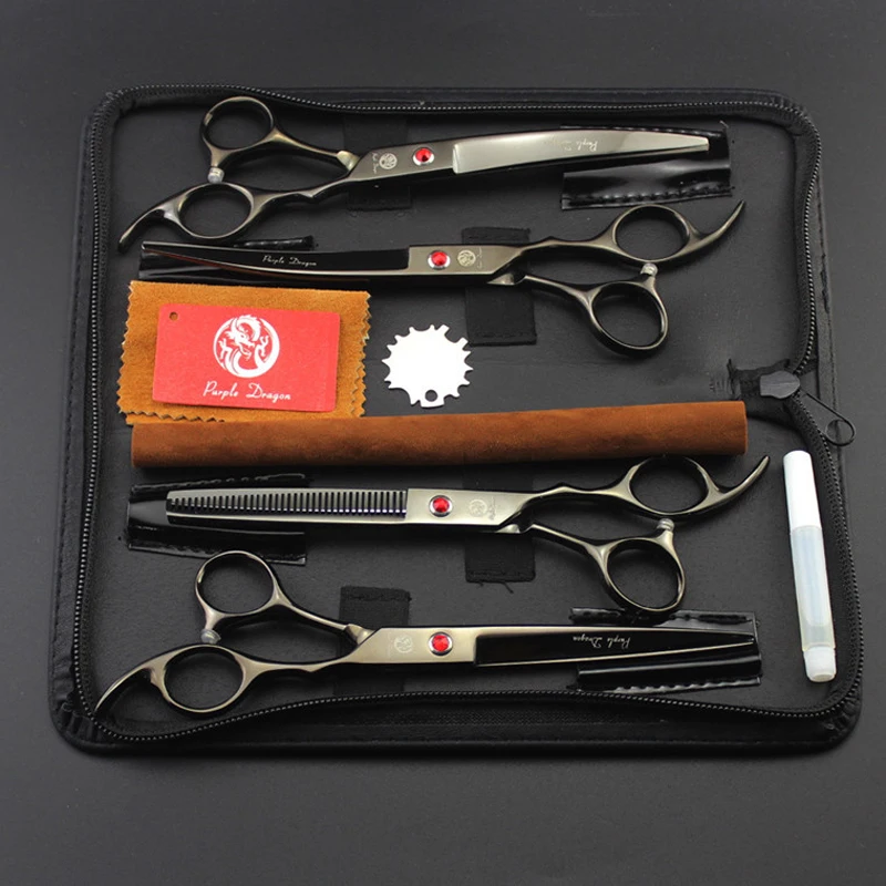 

Black Professional Pet Scissors 7.0 inch Cutting Thinning Curved Scissors Set Dog Grooming Shears Hair Cutting Scissors 4pcs