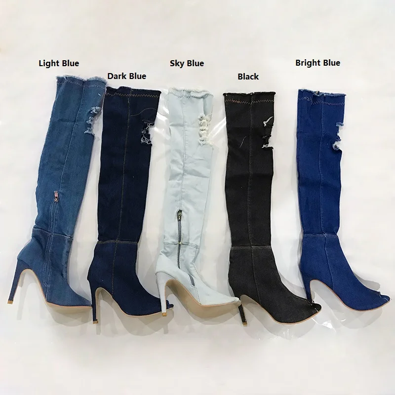 Новые модные женские джинсовые сапоги выше колена на высоком каблуке с дырками весенне-летние пикантные высокие сапоги до бедра с открытым носком, Botas - Цвет: Bright Blue
