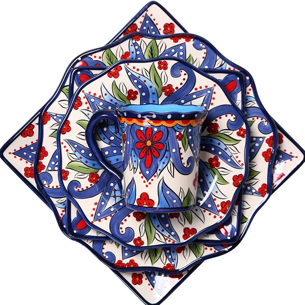 

European blue pattern ceramic tableware set hand-painted large square Plate Western steak dish Round plates Salad bowl Mug