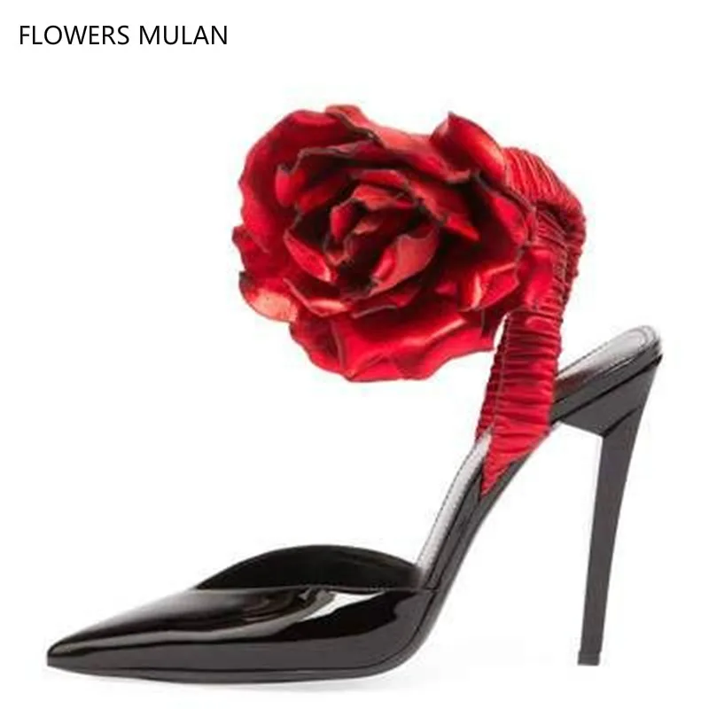 

Runway Fashion Sling-back Patent Leather Sandals Women New Designer Chic Ladies Shoes Black Red Ankle Wrap Rose Flower Pumps