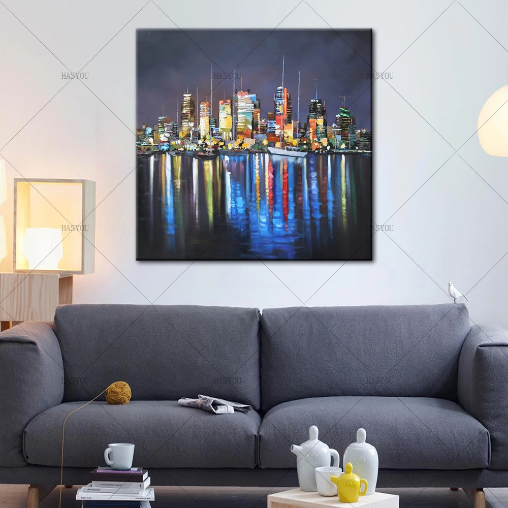 Unframed-Abstract-Landscape-New-York-City-Night-View-in-River-Oil-Painting-On-Canvas-Modern-Home (1)