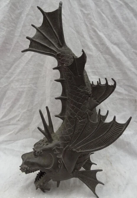 

JP S0114 Chinese Bronze Copper FengShui Wealth Fly Dragon Fish Head Statue Sculpture