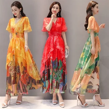 

Women Summer Floral Printed Chiffon Long Dress Lady V-Neck Thin Short-Sleeved Beach Dress