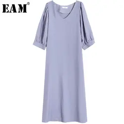 [EAM] 2019 Новое весенне-летнее платье с v-образным вырезом и рукавом «три четверти» с черной талией, Бандажное платье большого размера, женское