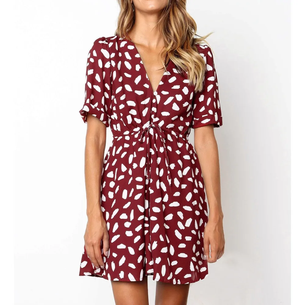 

Women's Summer Dress Fashion Printing V-neck Short Sleeve Button Dresses Elegant Office Loose Ladies Vestidos De Festa 2019 A4