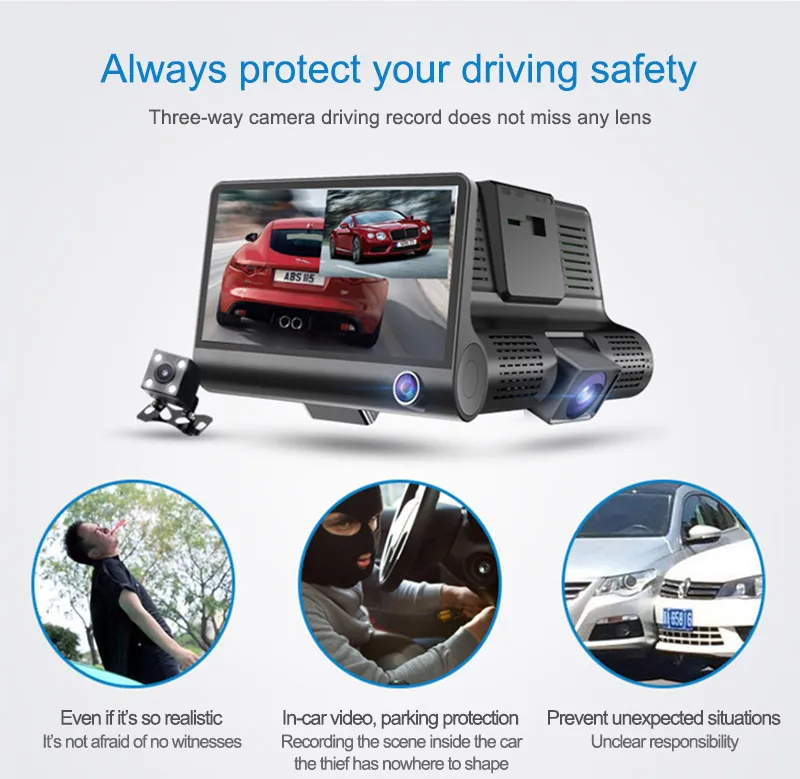 3 объектива Dash Cam FHD 1080 P Автомобильная камера спереди внутри сзади три видео регистраторы защитить вас безопасный High end Ясно экран