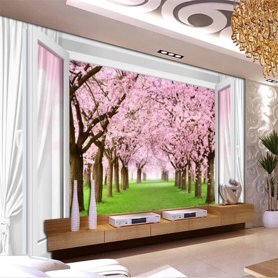 

beibehang Custom mural 3d photo wallpaper fantasy spring window curtain cherry blossom grass TV background wall paper 3d mural