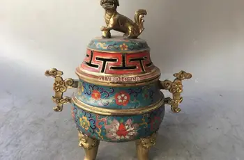 

11'' red copper cloisonne enamel flowers through-carved work lion deer censer