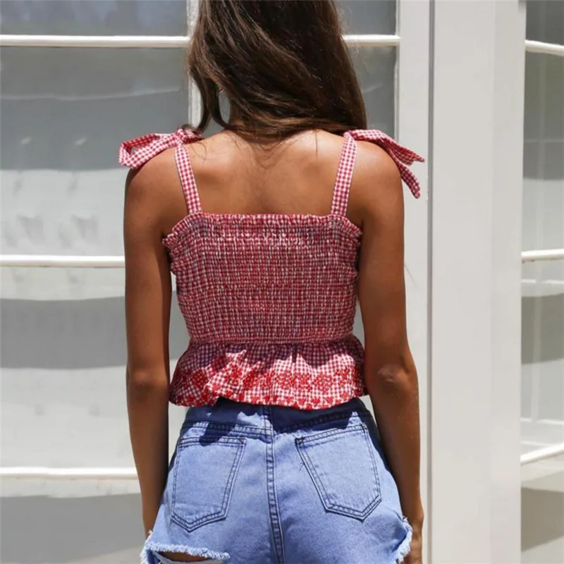 BKLD женские летние топы 2018 плед Tie Up Crop Top топики Оле жилет безрукавки для женщин