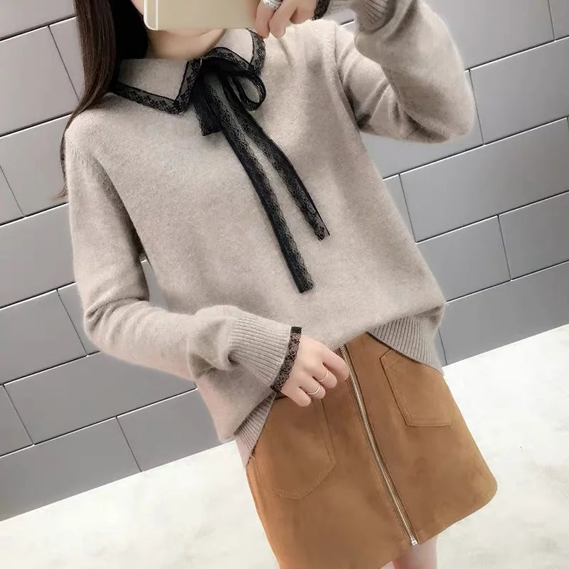 

New Autumn Office Lady Kawaii Bow Lace Collar Oversized Women Sweater Knit Loose Female Pullover Uniform Sweaters Top Jumpers