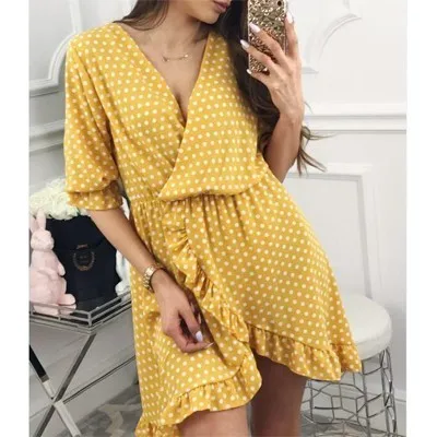 Yellow Шифоновое короткое летнее платье с оборками в горошек, повседневное пляжное платье в стиле бохо, женское сексуальное вечернее платье с v-образным вырезом и коротким рукавом Vestidos - Цвет: Yellow