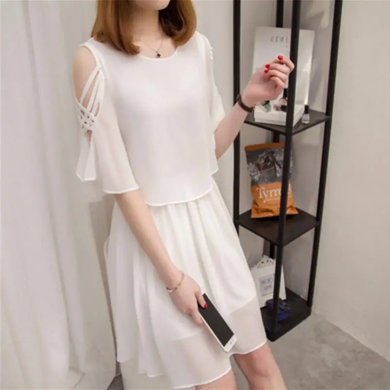 Модное летнее женское платье с коротким рукавом и высокой талией, шифоновые платья трапециевидной формы - Цвет: white