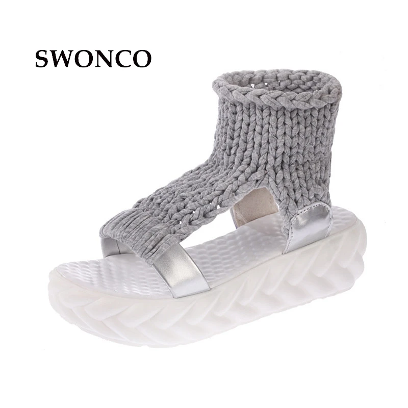 

SWONCO Women's Sandals Gladiator Shoes Comfortable Wool Knitting Women Shoes 5cm High Heels Sandals Woman 2018 Ladies Shoe