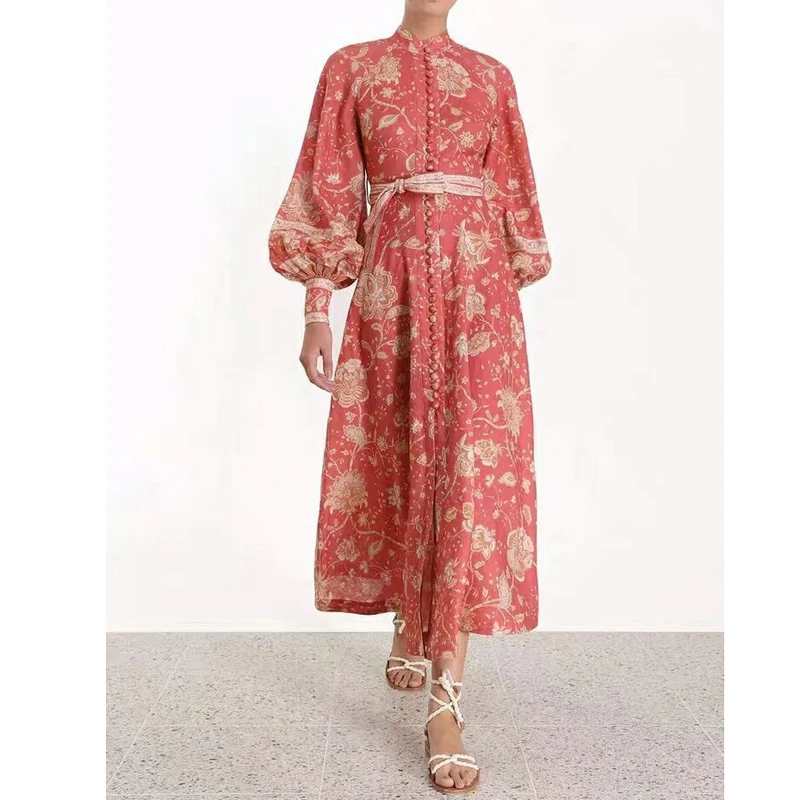 

2019 Vocation Summer Stand Lantern Sleeve Print Empire Holiday Beach Long Women Dress Party High Quality Clothes