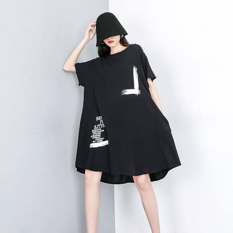 

Women Summer Short Sleeve Loose Casual Black Print Dress Female Streetwear Hip Hop Gothic Big Size Irregular Knee-Length Dresses