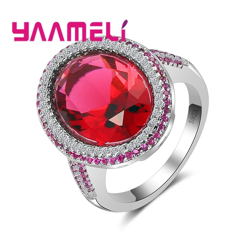 

Passionate Style 925 Sterling Silver Ring Large Disc Fire Red Ethnic Style Crystal Stone Wedding Ceremony Jewelry