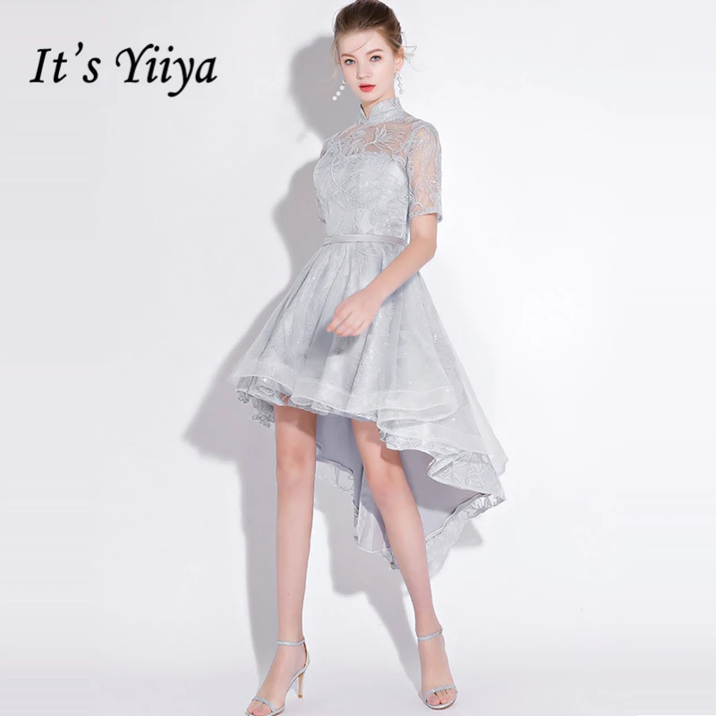 

It's Yiiya Prom Dresses 2018 Girls Short Sleeve Embroidery Prom Gowns High/Low Lace Party Dresses Formal Dresses LX1114