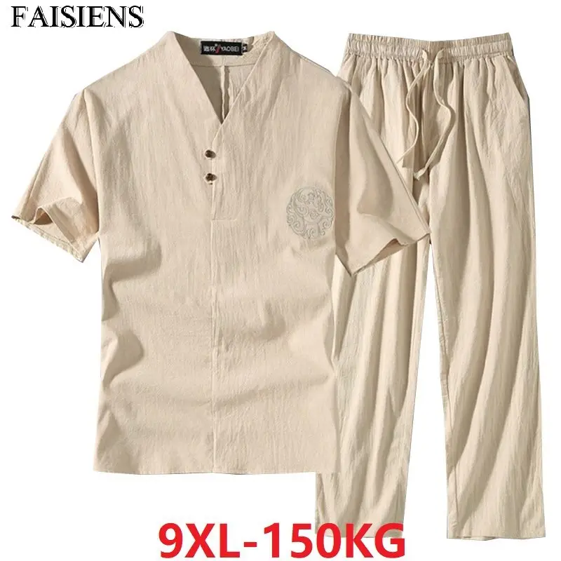 

Chinese Style T-Shirt And Pants 7XL 8XL Men Vintage Tang Suit Home Tees Oversize T Shirt Short Sleeve Large Size Big 9XL 68 Top