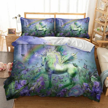 

Purple Flower Unicorn printed Twin single Queen Sizes Duvet cover set polyester bedding set bed linens set horse bedclothes