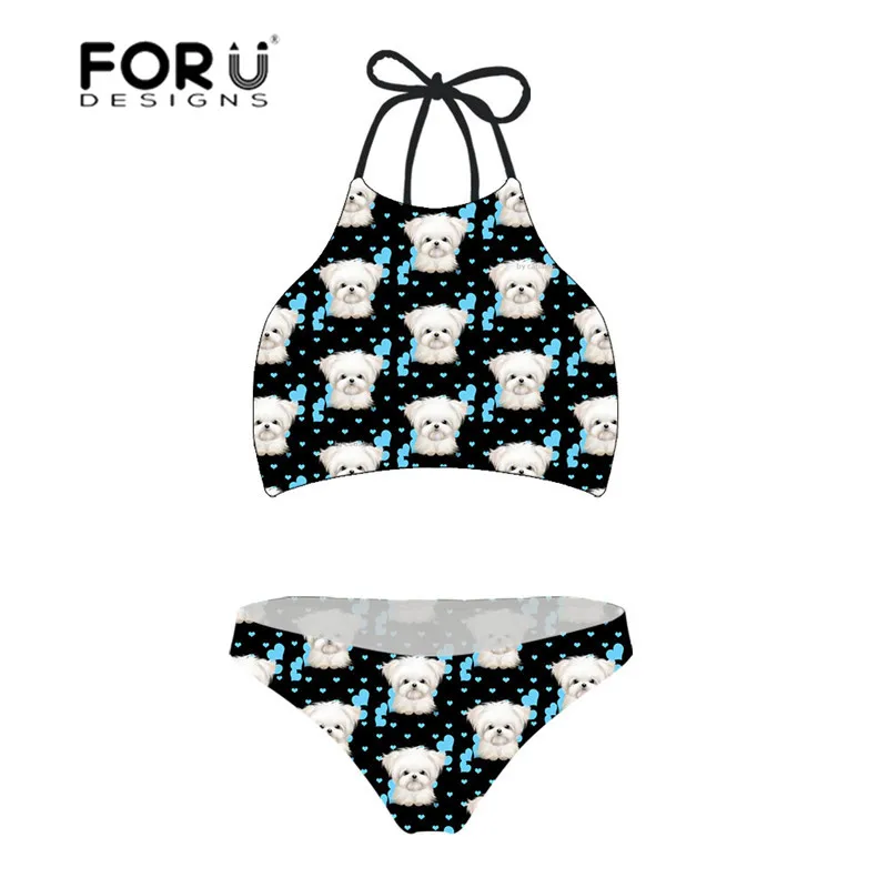 

FORUDESGINS Swimwear Women Cute Maltese Printed Large Size Women Swimsuit Sexy Bikini for Female Swimming Suit Push Up Beachwear