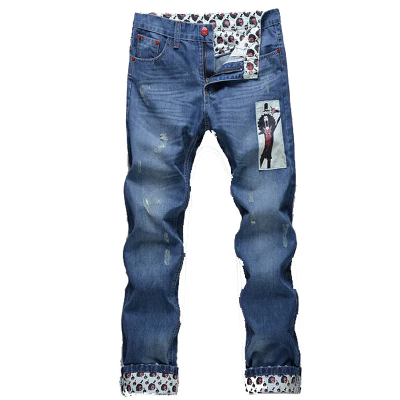 Ripped Jeans Men Denim Pants Casual Trousers Cartoon Print Destroyed