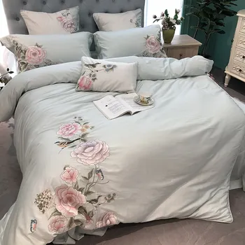 

Luxury 100S Egyptian Cotton Embroidered Bedding set Queen King Pastoral Duvet cover Bed sheet set Pillowcases 4/6pcs Blue flower