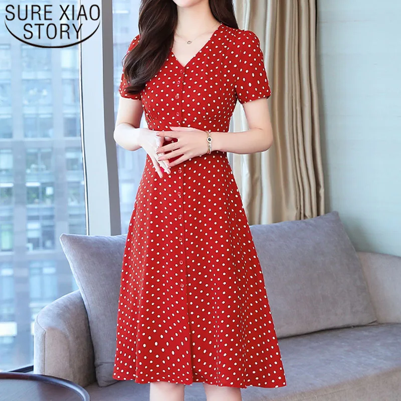 Fashion Women Dresses 2021 Elegant Summer Red Dress A-Line Dot Button Short V-Neck New Office Lady 3316 50 | Женская одежда
