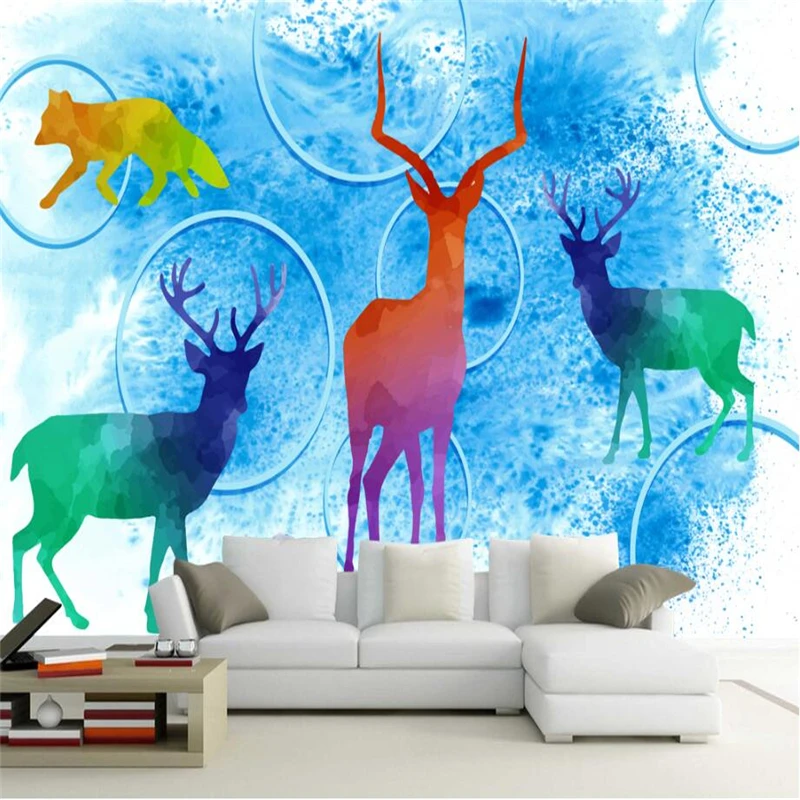 

3d Abstract Wallpapers Stereo Circle Watercolor Elk Animal Wallpaper for Kids Room Modern 3d Wallpaper for Living Room Bedroom