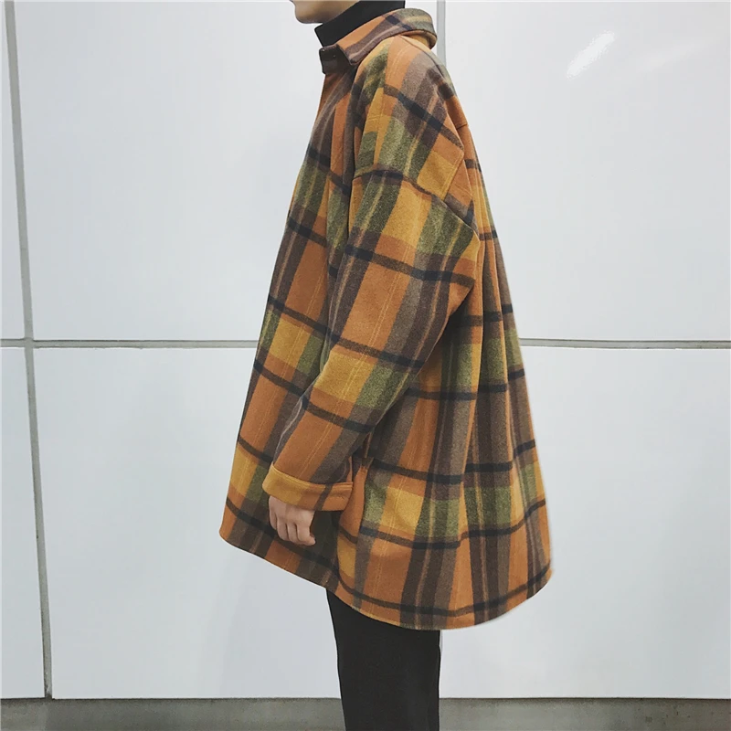 Autumn Plaid Shirt Men New Overshirt Fashion Casual Loose Wool Jacket Coat Man Retro Long-sleeved Shirt Male Clothes Streetwear