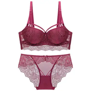 

New Sexy Underwear Set polyester Push Up Bra and Panty Sets 3/4 Cup Black Green Lace Lingerie Set Women Deep V Brassiere