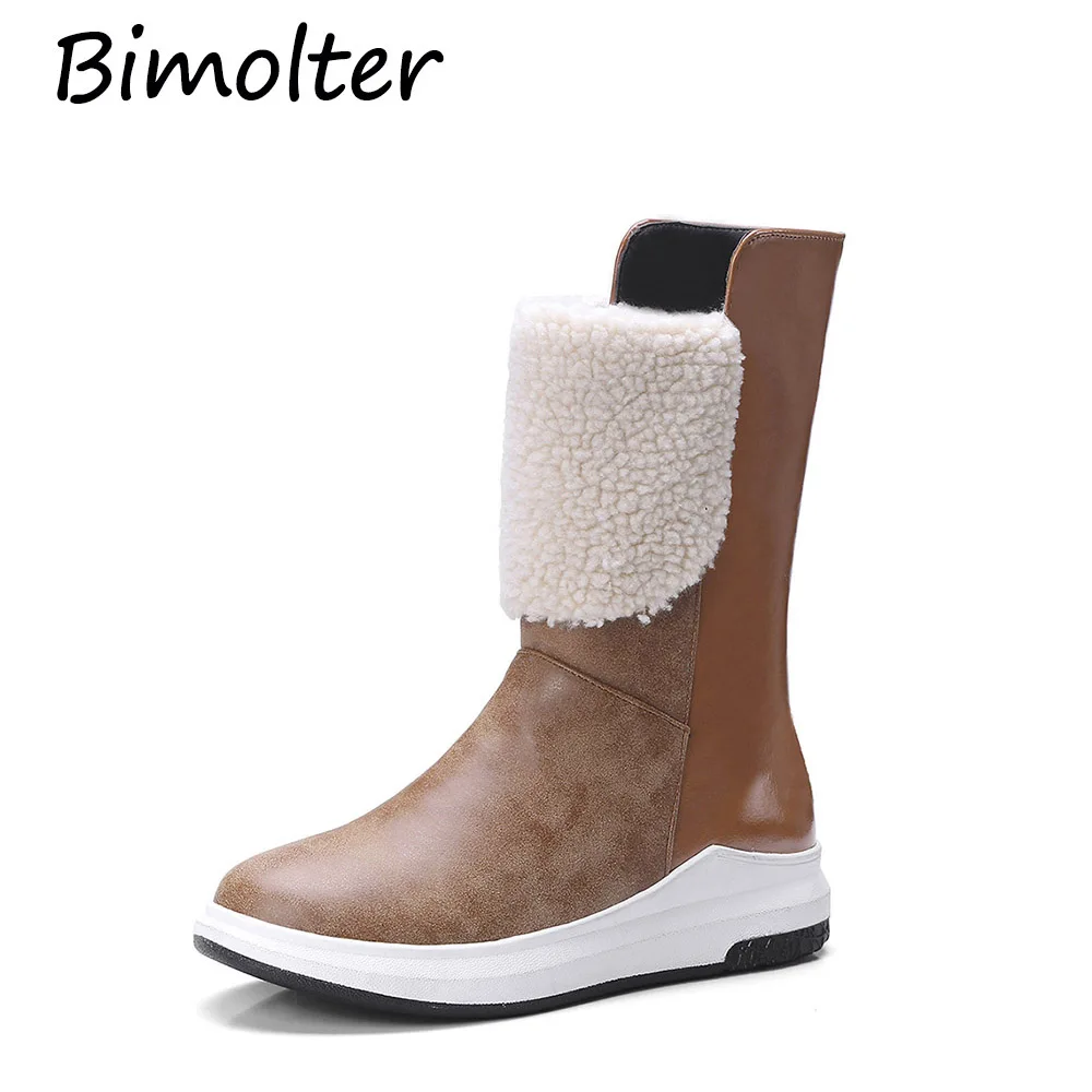 

Bimolter Size 33-43 Women Med Heel Mid Calf Boots Lambs Wool Winter Warm Snow Botas Half Short Platform Boot Footwear PAEA013