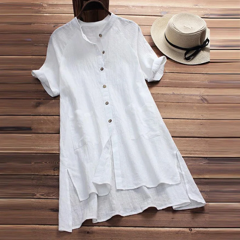 Cena M 5XL Kobiet Długa Koszula Ponadgabarytowych Stałe Lato Przyciski Bluzka Kr oacute;tki Rękaw Stanąć Kołnierz Panie Plus Size Luźne Blusa Bawełniana Pościel