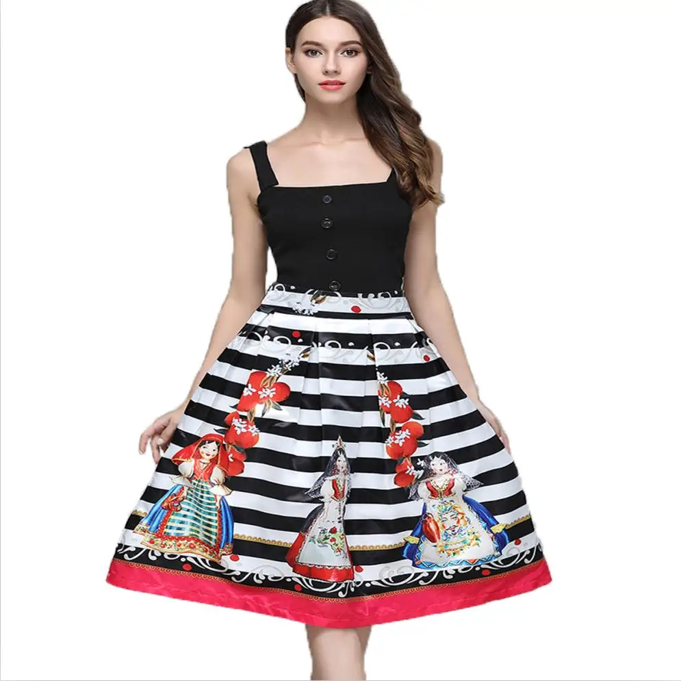 Pista Designer de Conjunto de Duas Peças das Mulheres Do Vintage Da Moda Camisola Top + Caráter Impresso Saias Listradas