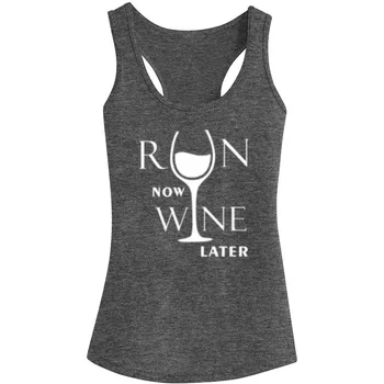 

Womens Run Now Wine Later Fitness Workout Racerback Tank Tops - Heathered Grey