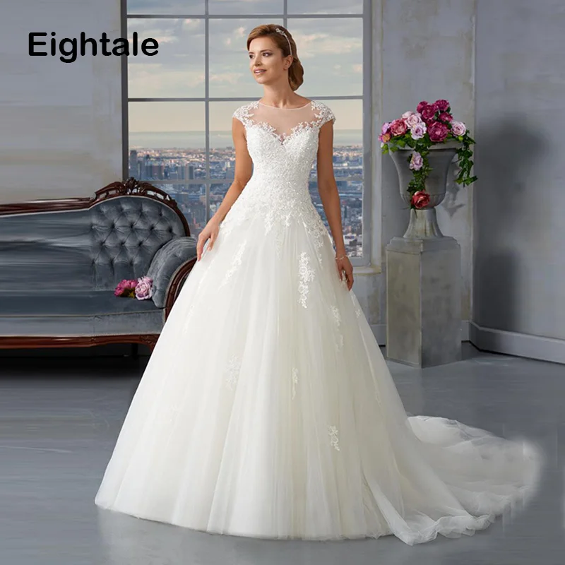 

Eightale Plus Size Wedding Dress O-Neck A-Line Small Train Cap Sleeves White Wedding Gowns Lace Appliques Vintage Bride Dress