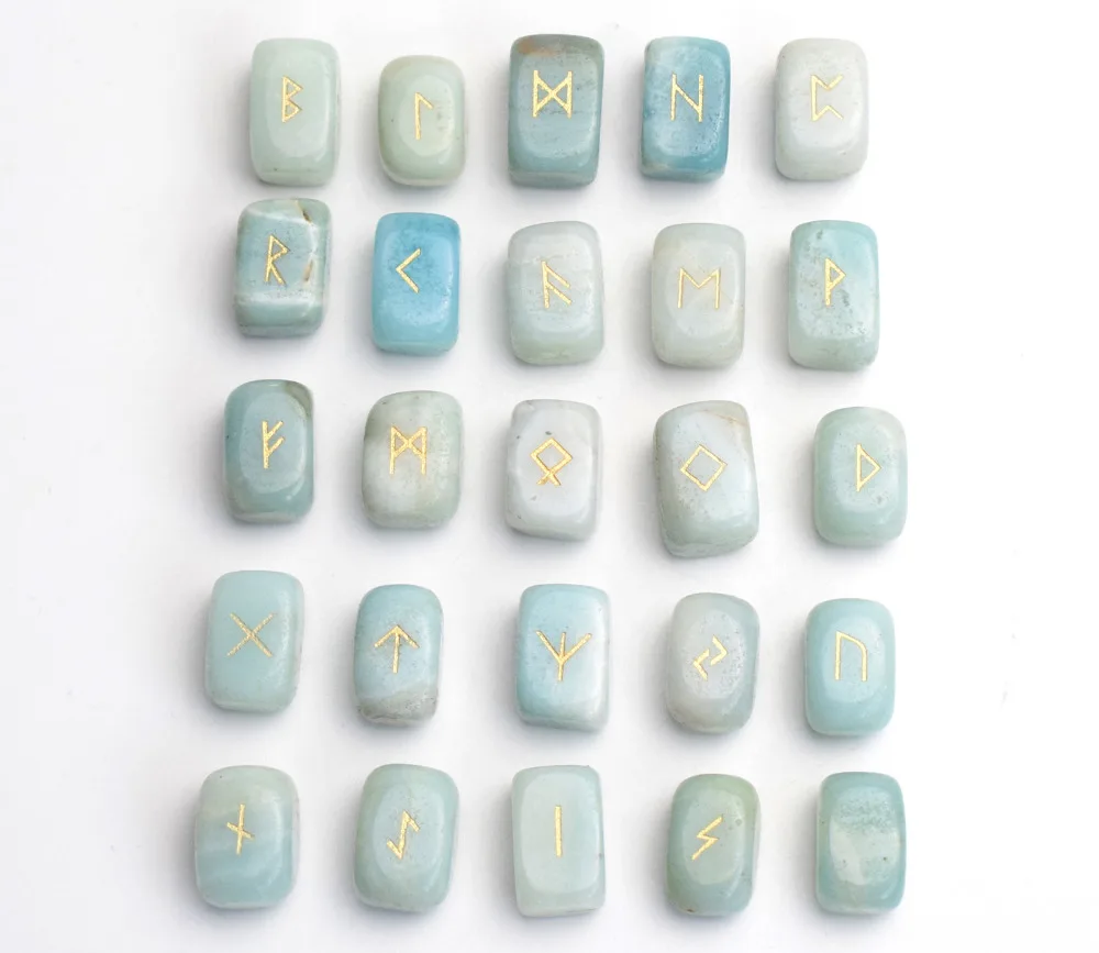 

0.6 x 0.4 INCHES Natural Small Size Amazonite Rune Stone Engraved Pagan Lettering Wiccan Set with a Free Velvet Pouch