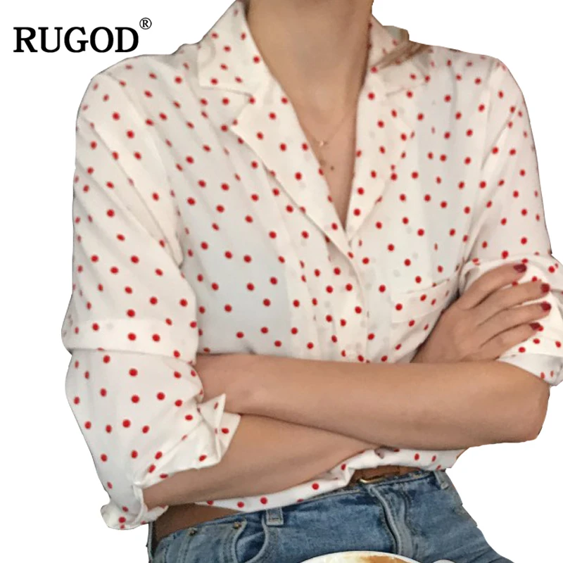

RUGOD Fashion White Polka Dot Women'S Shirt V neck Long Sleeve Women Blouse 2019 Spring Casual Button Womens Tops And Blouses