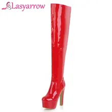 Lasyarrow Sexy Botas de Couro de Patente Preto Vermelho das Mulheres Sapatos de Mulher Botas Stiletto Finos Saltos Altos Botas de Prata de Ouro Feminina f294