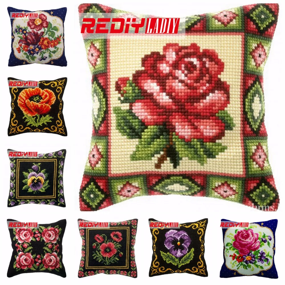 

LADIY Cross Stitch Cushion Cover Floral Yarn for Embroidery Cushions Home Decor Cross-Stitch Kits Flowers Decorative Pillow Case