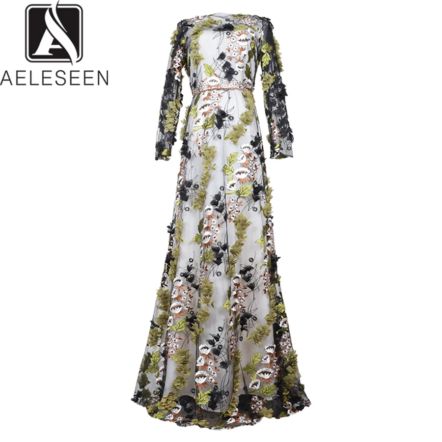 

AELESEEN Vintage Style High Quality Long Dresses Women 2019 Summer High Class Party Luxury 3D Embroidery A-Line Froral Dress