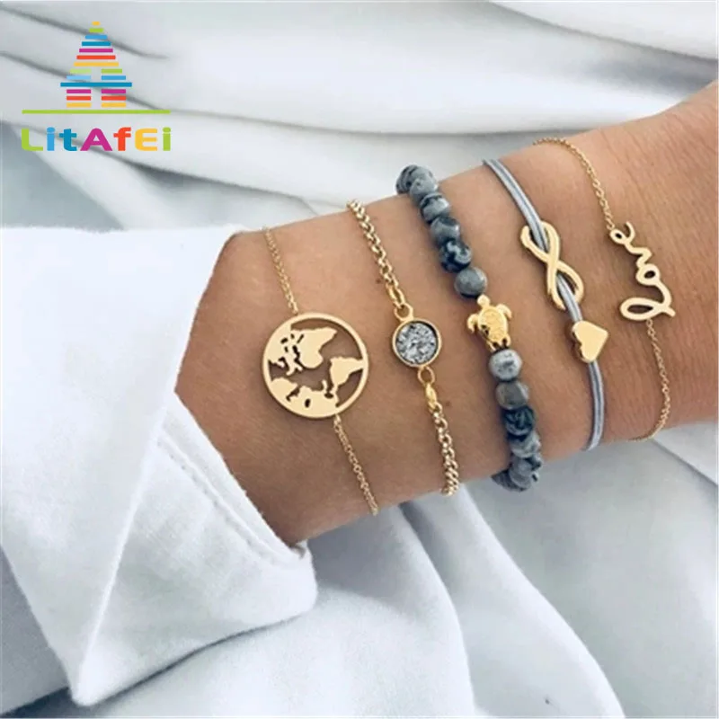 

Fashion Bracelets 5pcs / pack Earth Map Round Turtle Bead Heart Letter Trendy Bracelets For Women Girls