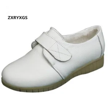

2019 New Plus Velvet Warm Comfort Winter Shoes Women Flats Real Leather Shoes Casual White Nurse Air Cushion Shoes Ankle Boots