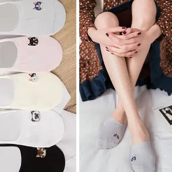 

Summer Women Girl Invisible Short Boat Socks Cute Meow Cat Embroidered Paw Printing Sole Plain Solid Color Casual Cotton Hoisery