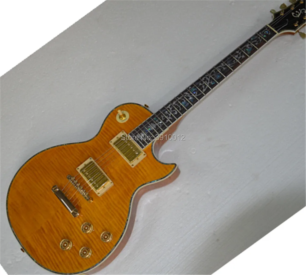 

Yellow LP Tiger Veneer Electric Guitar Mahogany Gold Accessories
