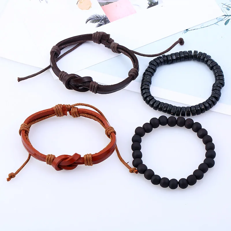 4pcs/set New Vintage Rope Handmade Bead Woven Leather Men Bracelets Women Bangles Female Rock Men Jewelry Accessories