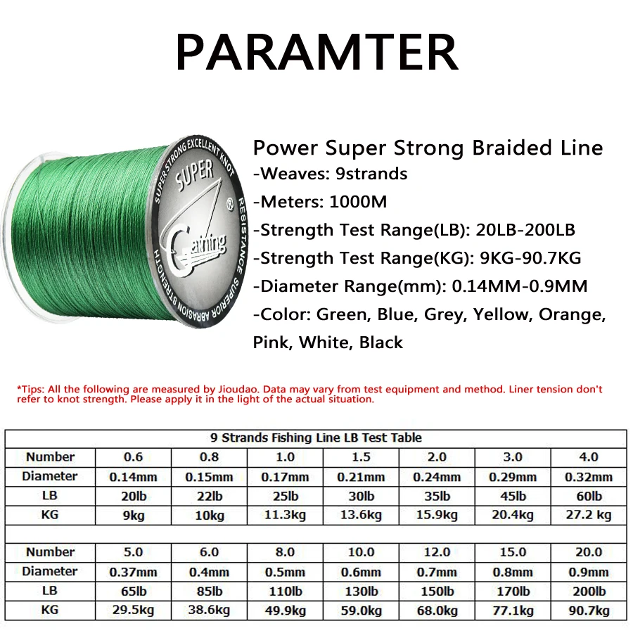 Gaining 1000M 9 Strands Super 8 Colors PE Braided Fishing Line Strong  Strength Fish Line 20LB-200LB for Carp Fishing