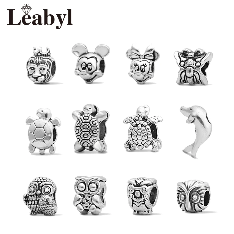 

12 Pcs/Lot Vintage Silver Lion Mickey Minnie Owl Beads fit Original Pandora Bracelet Animal Pandora Charms for Jewelry Making