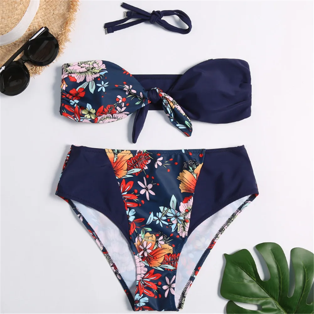 

Women Knot Floral Print Bandeau Bikini Set Women Strapless Padded Bikini Sexy Thong Bikini Swimsuit Biquini Beachwear Swimwear