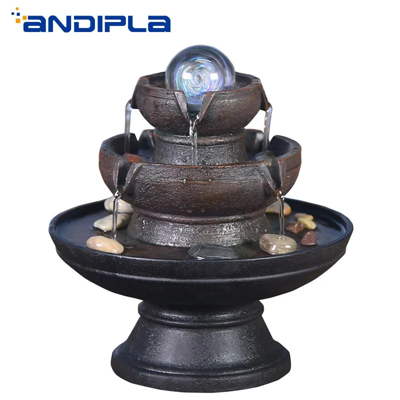 

110V- 220V Crystal Ball Mini Water Fountain Desktop Vintage Rockery Humidifier Bonsai Feng Shui Home Decor Lucky Business Gifts